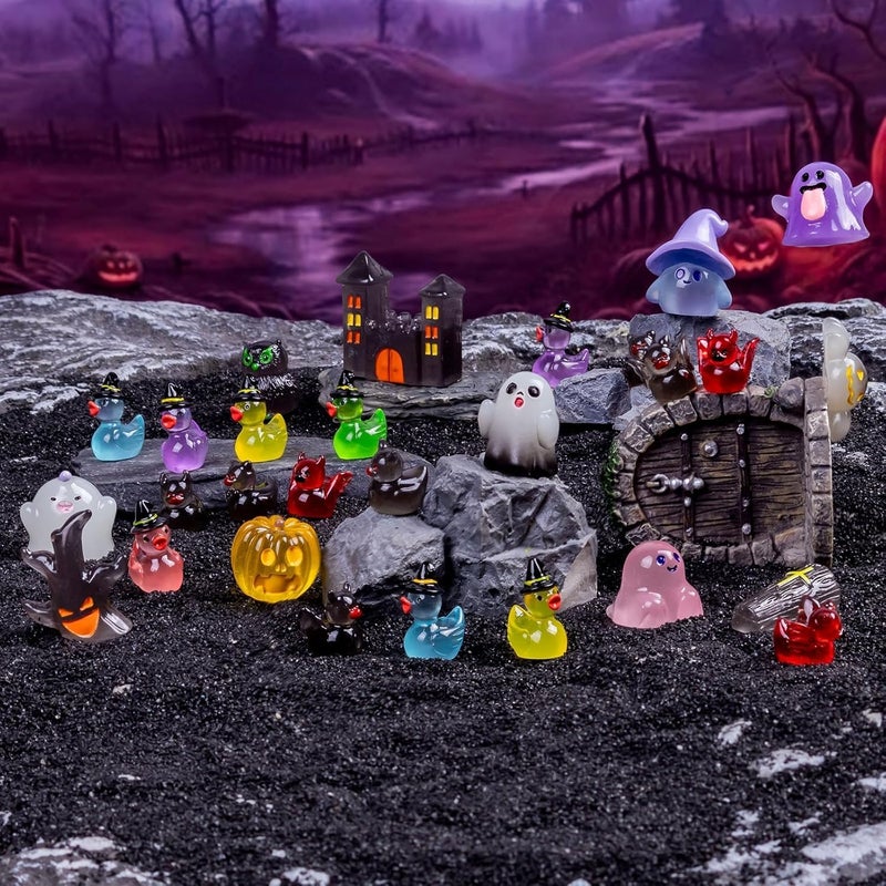 Nerfcareani Dsooldre 50pcs Luminous Halloween Mini Resin Statue for Crafts Luminous Miniature Figures Hide Pumpkin Ghost Miniature Figures Bulk Halloween Party Favors Desktop (SXL-SSSZ-WSJ-50PC) - Image 4